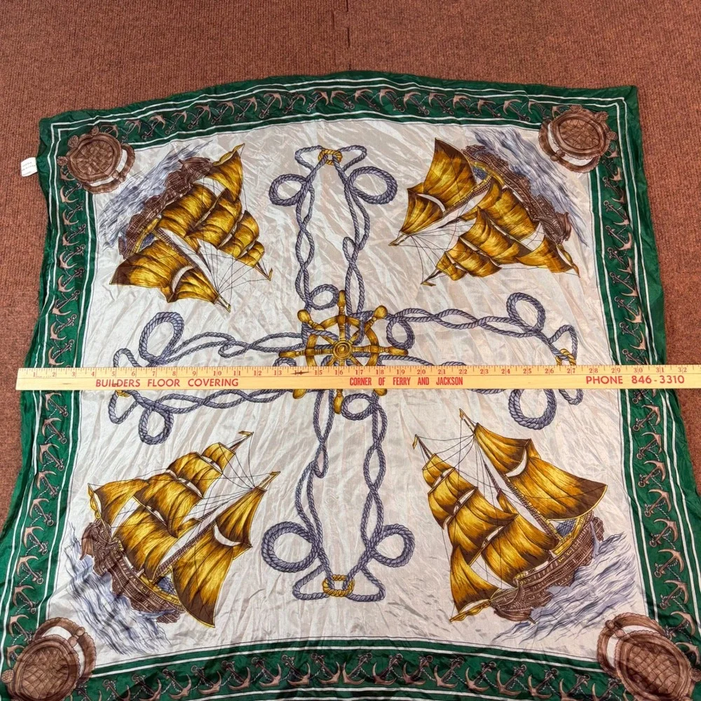 Vintage Nautical Silk Scarf Hand Printed Rolled Tall Ships Anchors Green 31x31